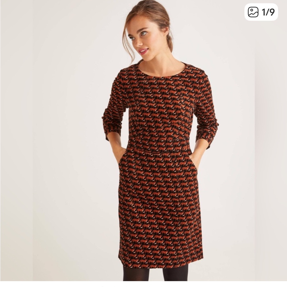 Boden Women’s Size 8 Coraline Corduroy Black & Orange Fox Patterned Shift Dress